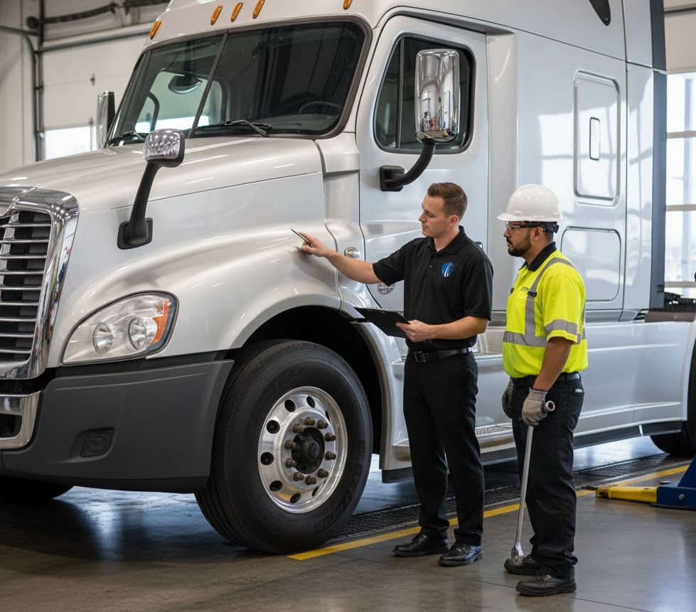 Commercial truck driver performing safety check